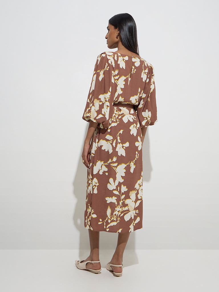 Westside Wardrobe Women's Brown Floral Pattern A-Line Dress with Belt for Work Wear Back View