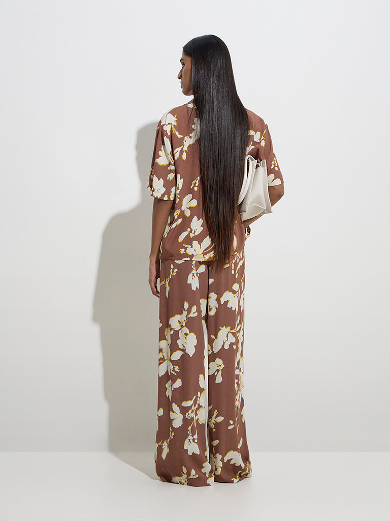 Westside Wardrobe Women's Brown Floral Design Mid-Rise Pants for Work Wear Back View