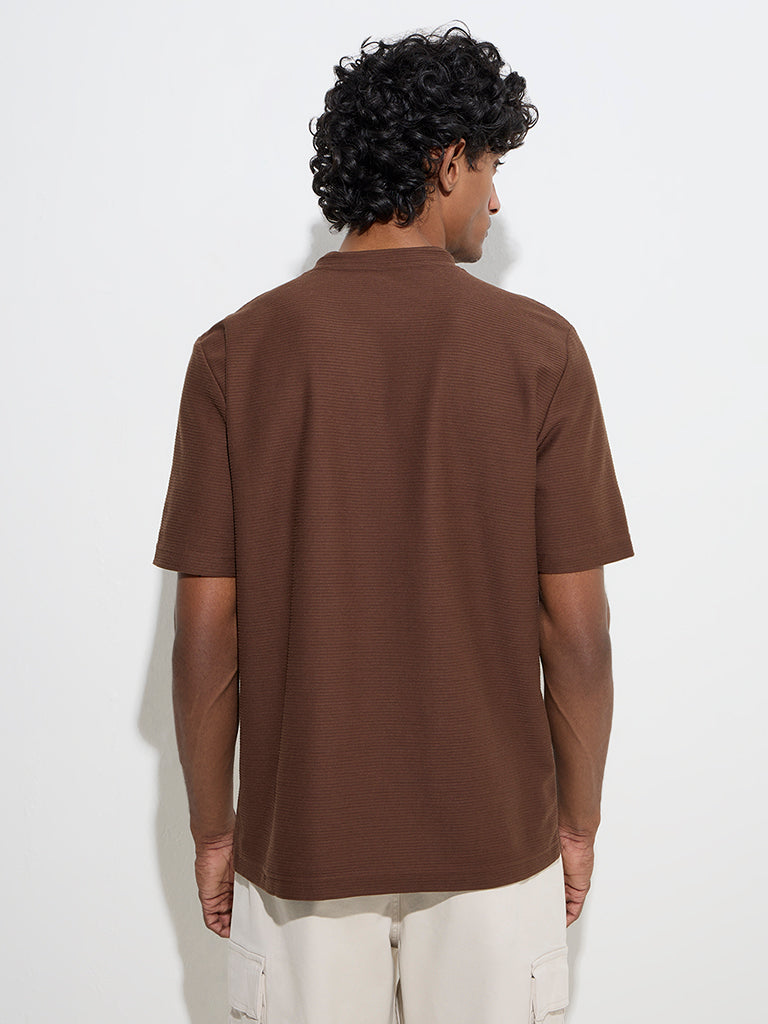 Westside WES Casuals Men's Brown Relaxed-Fit Cotton-Blend T-Shirt for Casual Wear Back View