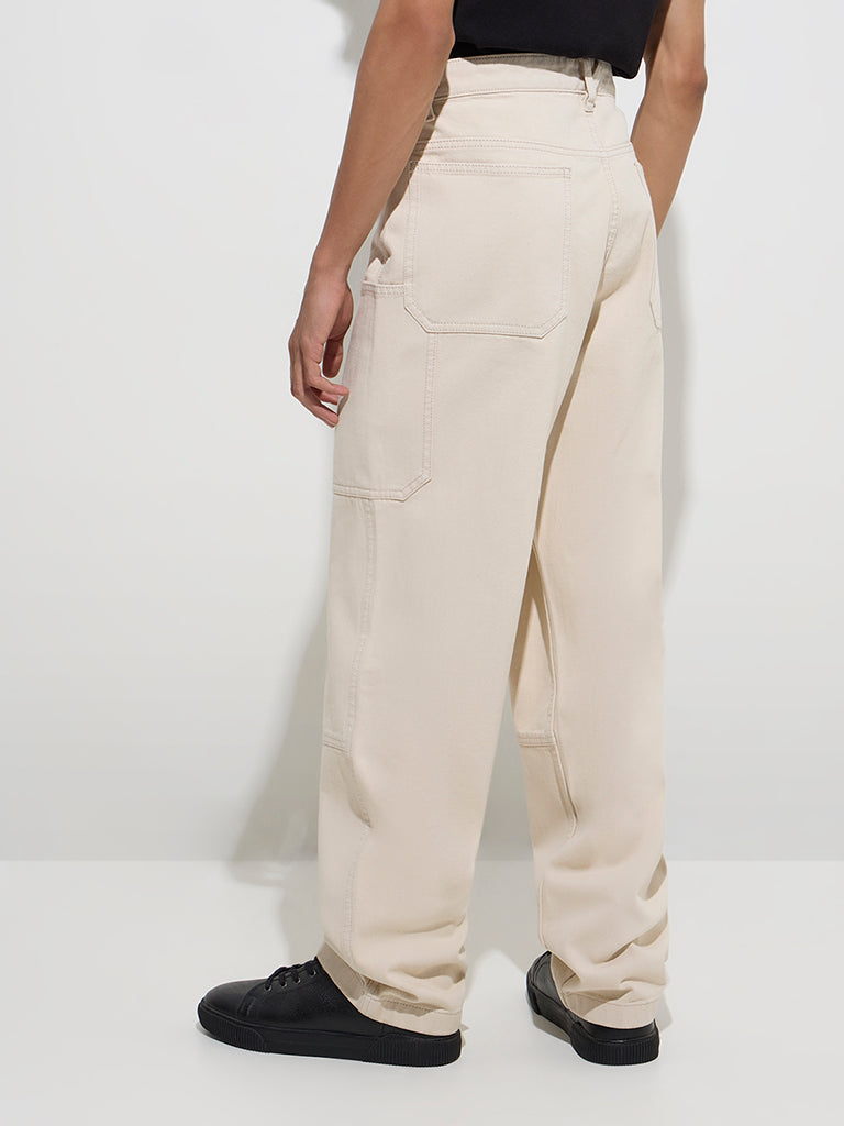 Westside Nuon Men's Beige Relaxed-Fit Mid-Rise Jeans for Casual Wear Back View