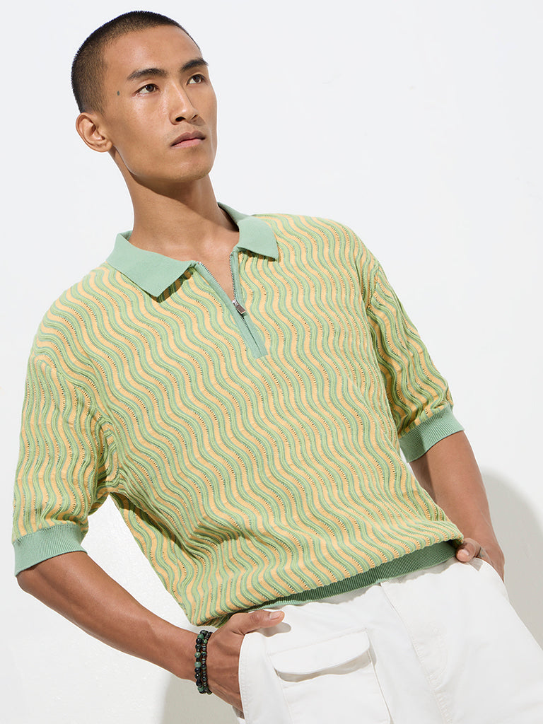 Nuon Green Knitted Quarter Zip Cotton Polo T-Shirt