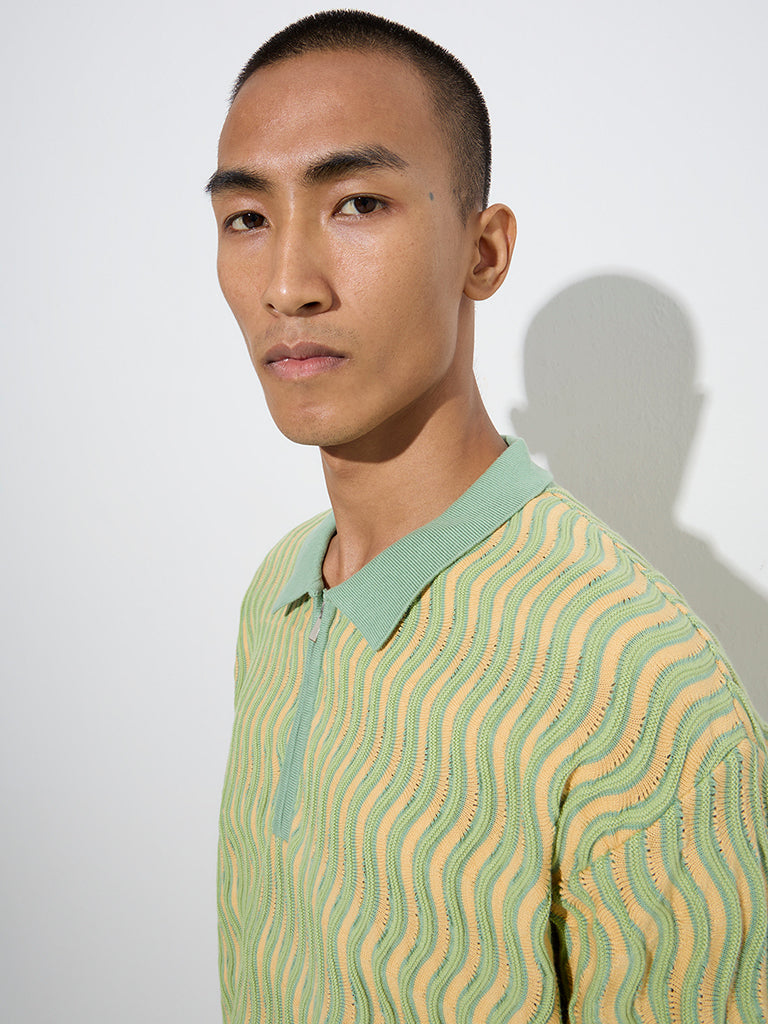 Nuon Green Knitted Quarter Zip Cotton Polo T-Shirt