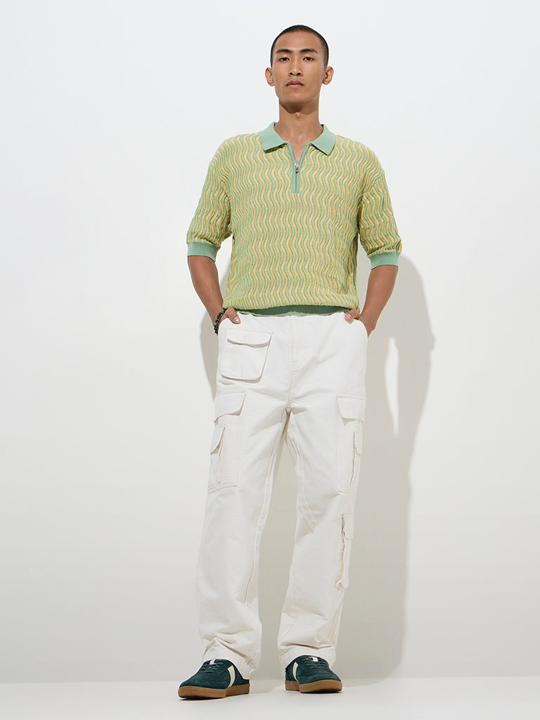 Nuon Green Knitted Quarter Zip Cotton Polo T-Shirt