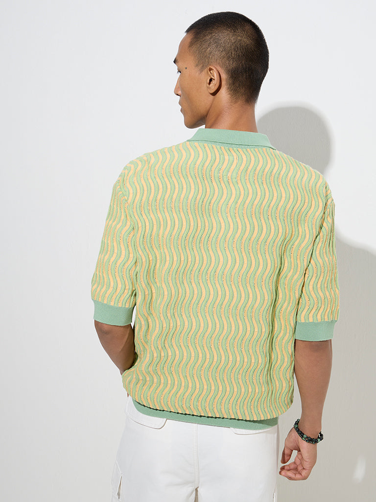 Nuon Green Knitted Quarter Zip Cotton Polo T-Shirt
