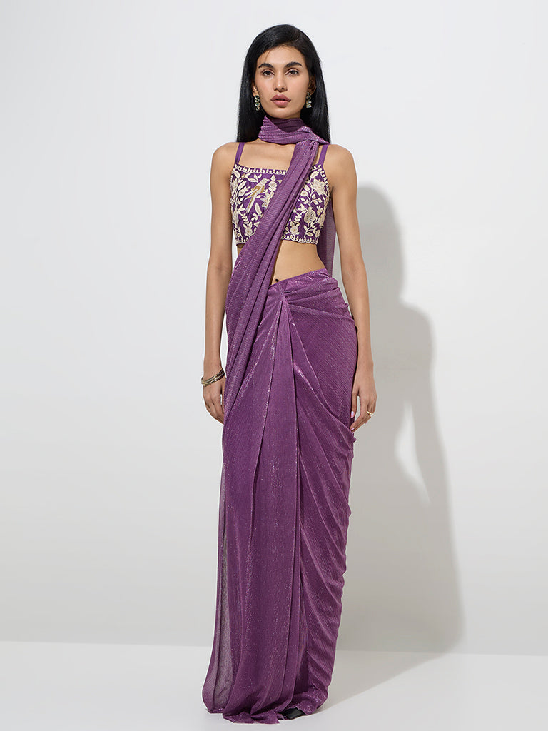 Westside Vark Women's Purple Metallic-Shimmer Ready-To-Wear Saree for Festive Wear Front View
