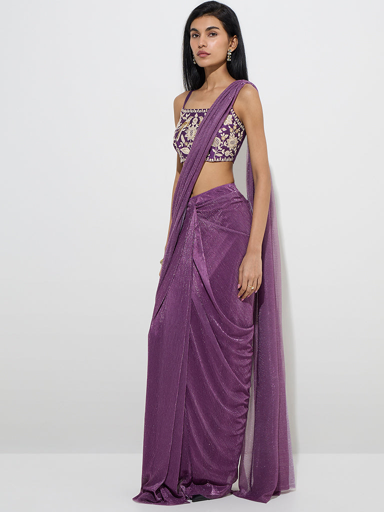 Westside Vark Women's Purple Metallic-Shimmer Ready-To-Wear Saree for Festive Wear Full Model View