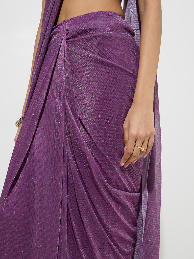 Westside Vark Women's Purple Metallic-Shimmer Ready-To-Wear Saree for Festive Wear Zoom View