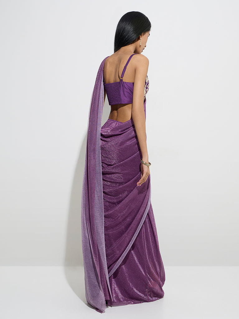 Westside Vark Women's Purple Metallic-Shimmer Ready-To-Wear Saree for Festive Wear Back View