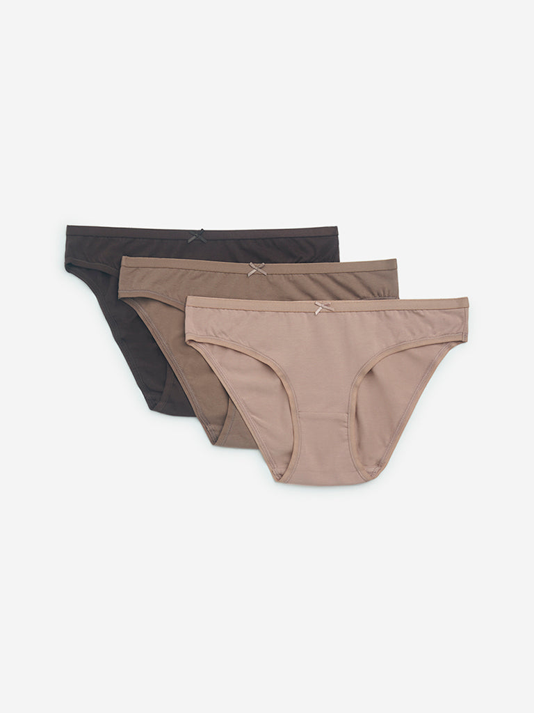 Wunderlove Brown Cotton-Blend Bikini Briefs - Pack of 3