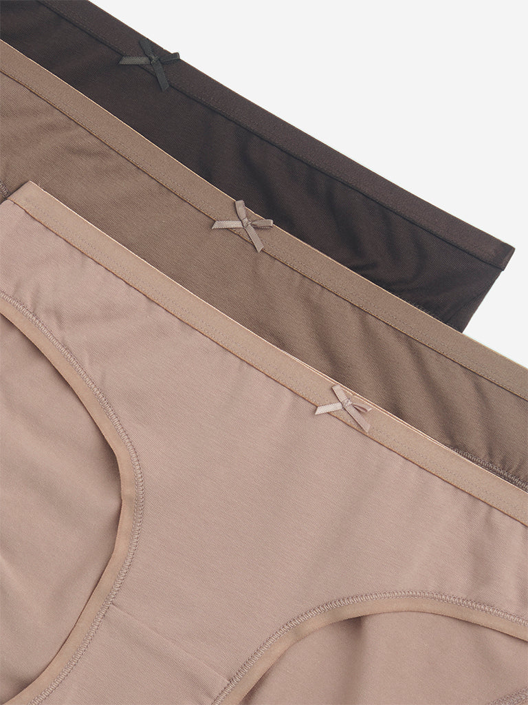 Wunderlove Brown Cotton-Blend Bikini Briefs - Pack of 3