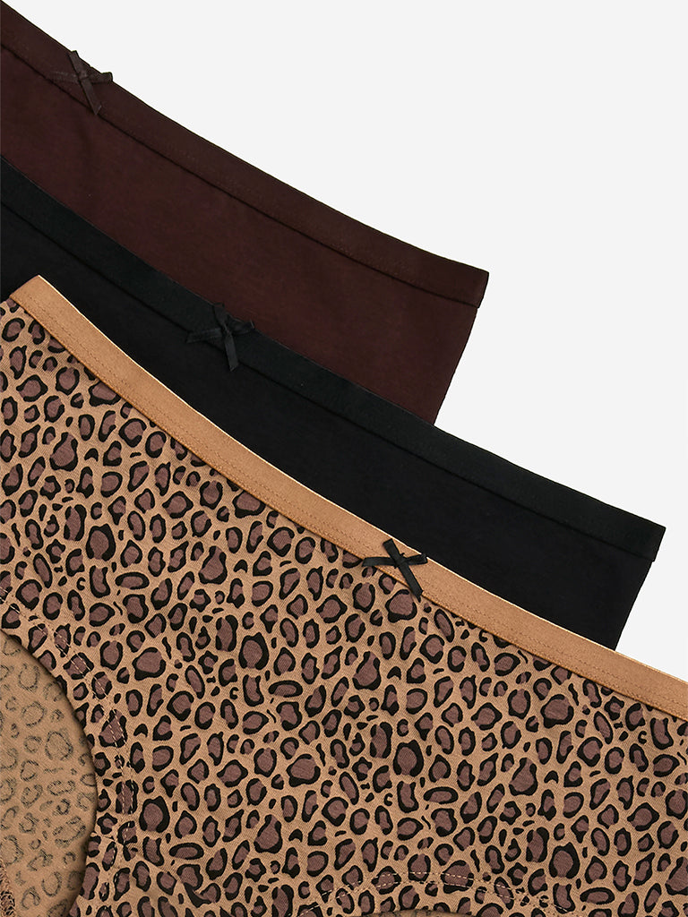 Wunderlove Brown Printed Cotton-Blend Briefs- Pack of 3