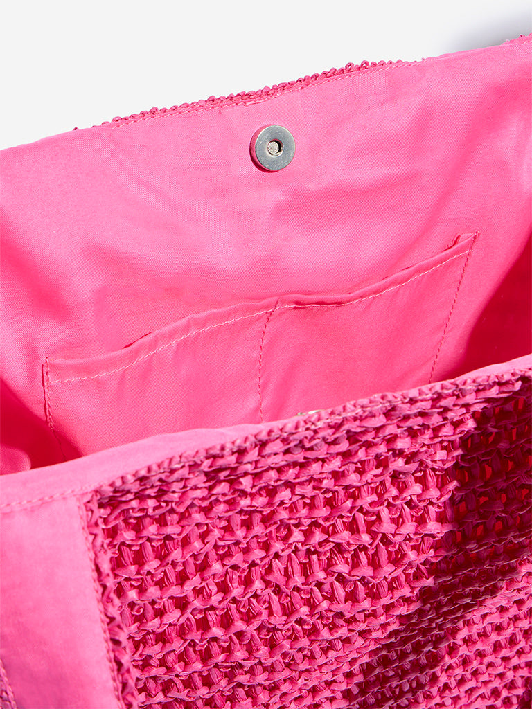 Westside Wunderlove Women's Pink Crochet-Detailed Tote Bag for Casual Zoomed View