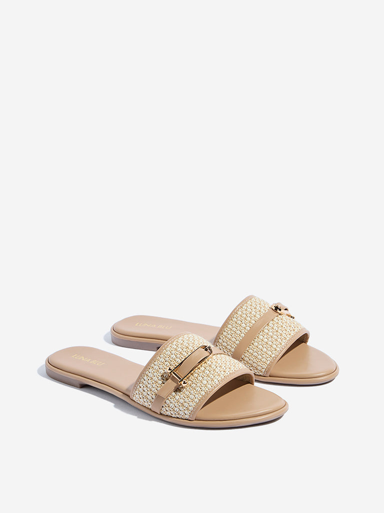 LUNA BLU Beige Woven Buckle-Detailed Slides