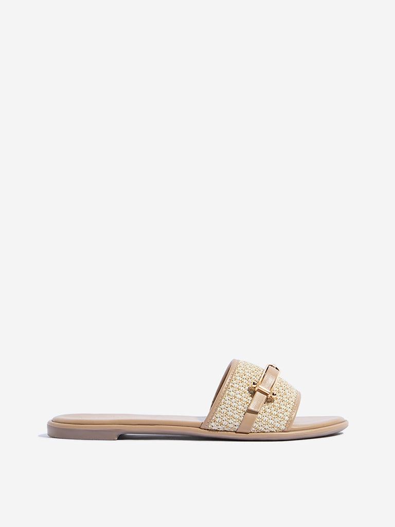 LUNA BLU Beige Woven Buckle-Detailed Slides