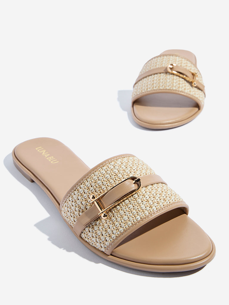 LUNA BLU Beige Woven Buckle-Detailed Slides