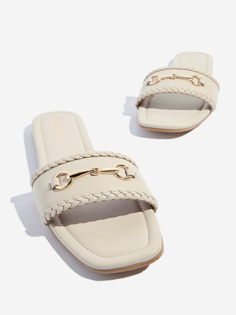 Westside LUNA BLU Women's Ivory Hardware-Detailed Slides for Casual Wear Zoomed View