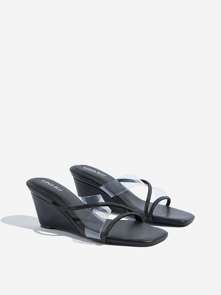 Westside LUNA BLU Women's Black Diamante Embellished Wedge Sandals Front View
