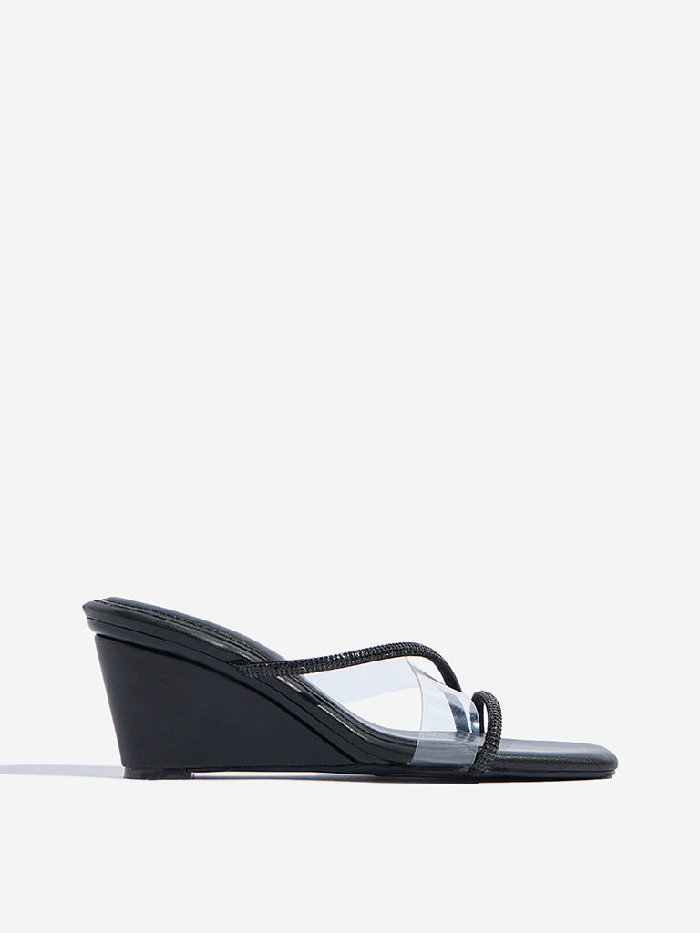 Westside LUNA BLU Women's Black Diamante Embellished Wedge Sandals Side View
