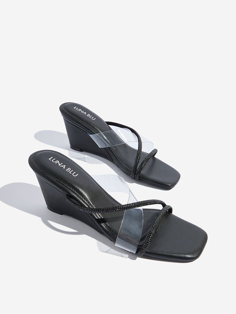 Westside LUNA BLU Women's Black Diamante Embellished Wedge Sandals Zoomed View