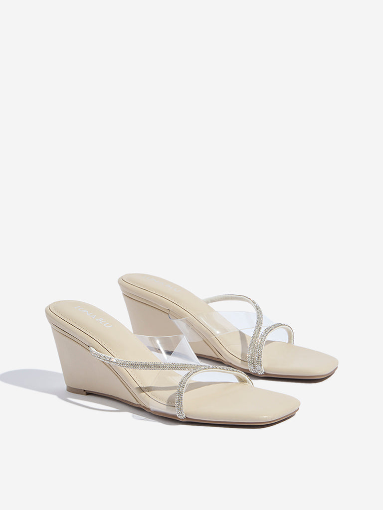 Westside LUNA BLU Women's Ivory Diamante Embellished Wedge Sandals Front View