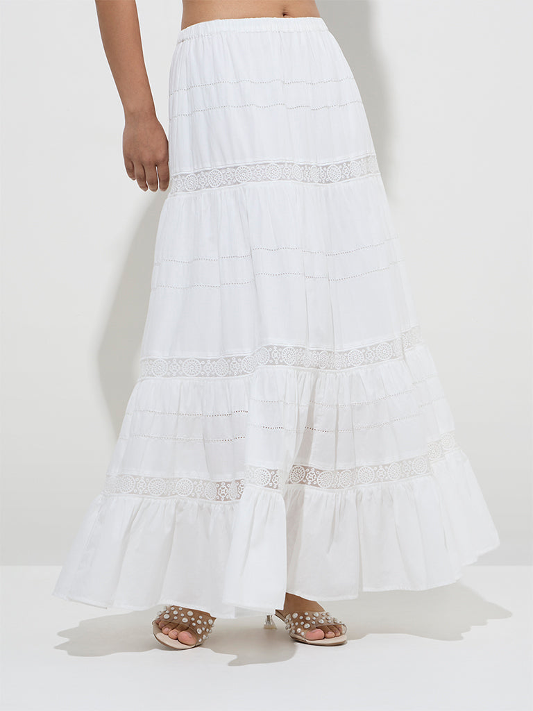 LOV White Lace Design Cotton High-Rise Tiered Skirt