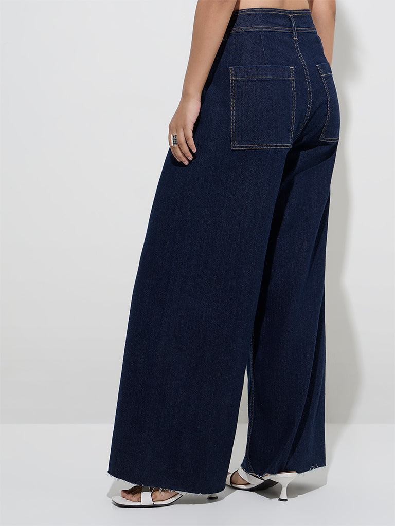 Westside LOV Women's Dark Blue Wide-Leg High-Rise Jeans for Casual Wear Back View