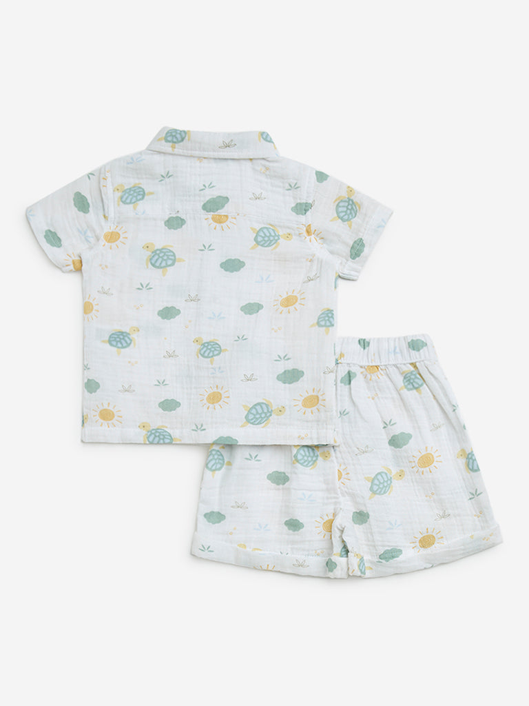 HOP Baby White Printed Cotton Shirt and Shorts Set