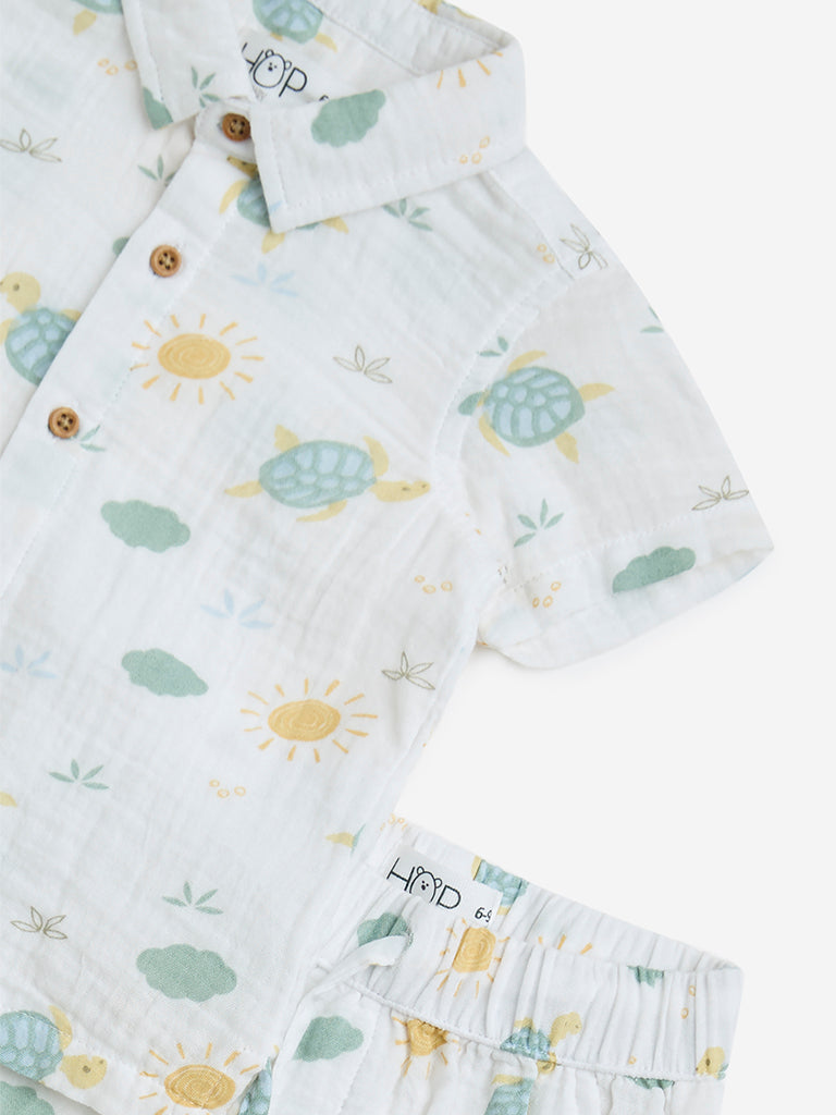 HOP Baby White Printed Cotton Shirt and Shorts Set
