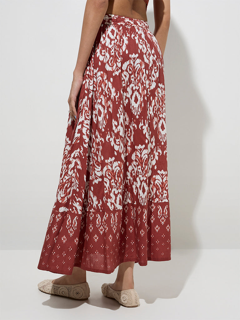 Westside Bombay Paisley Women's Rust Ikat Printed High-Rise Skirt for Everyday Back View