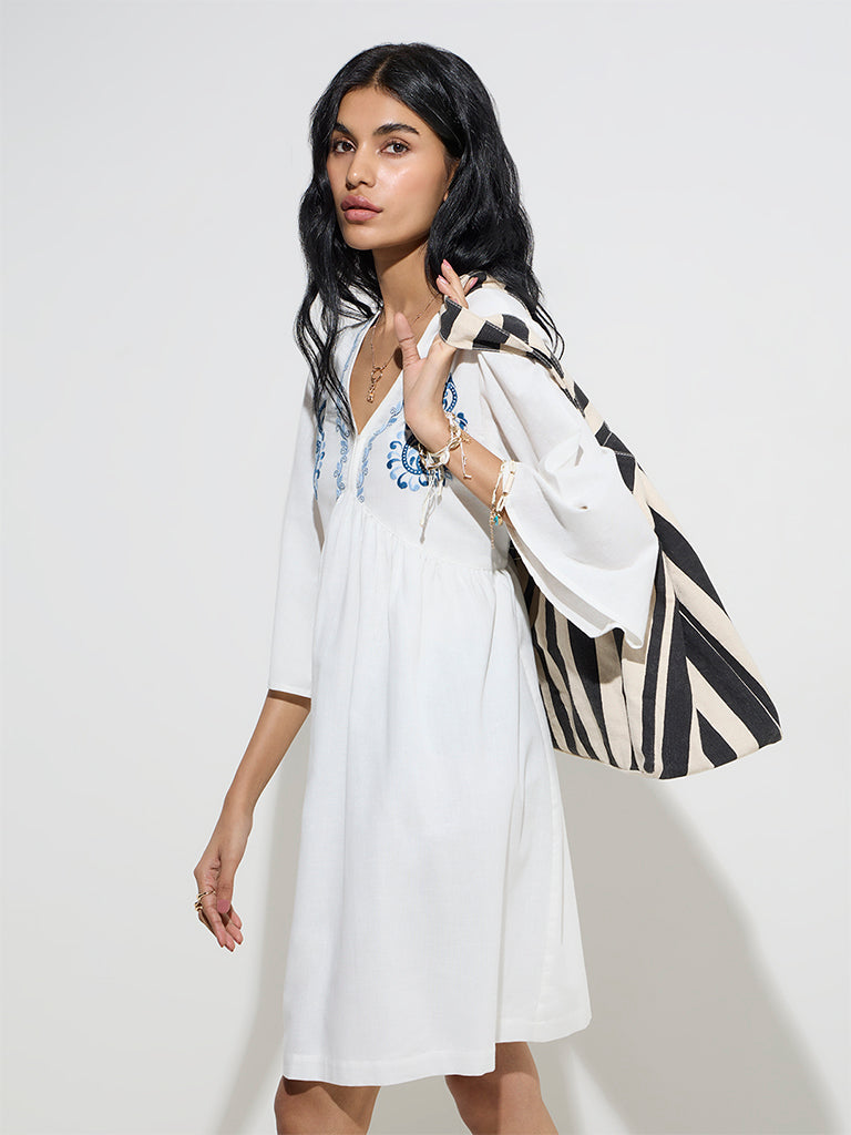 Bombay Paisley White Embroidered Cotton-Blend A-Line Dress