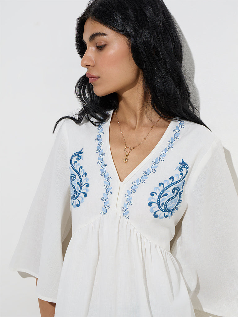 Bombay Paisley White Embroidered Cotton-Blend A-Line Dress