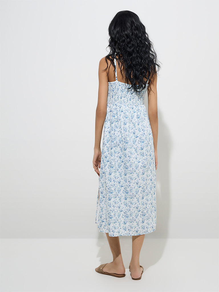 Westside Bombay Paisley Women's Blue Floral Printed Cotton A-Line Dress for Everyday Back View
