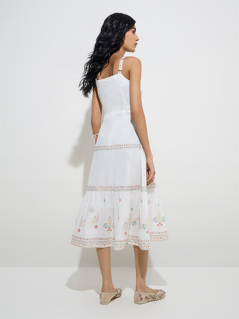 Westside Bombay Paisley Women's White Floral Printed Cotton A-Line Dress for Everyday Back View