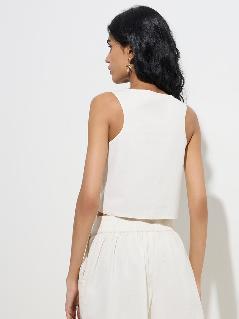 Westside Bombay Paisley Women's Ivory Embroidered Design Cotton Top for Everyday Back View