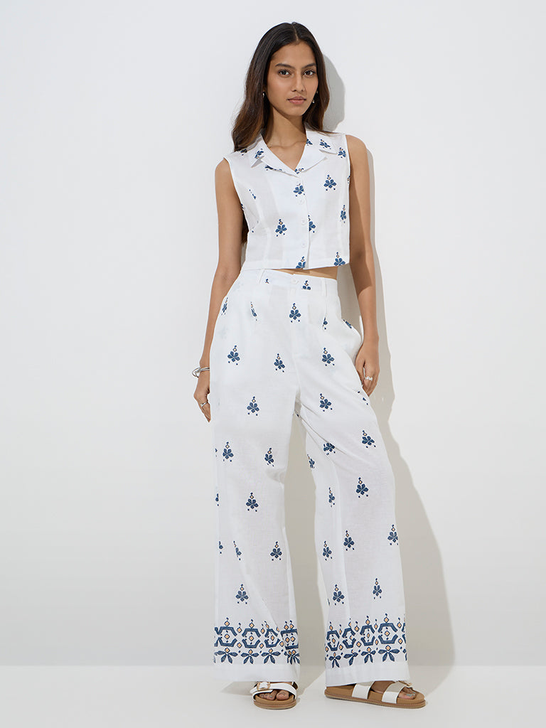 Bombay Paisley Ivory Floral Design Cotton-Blend Crop Shirt