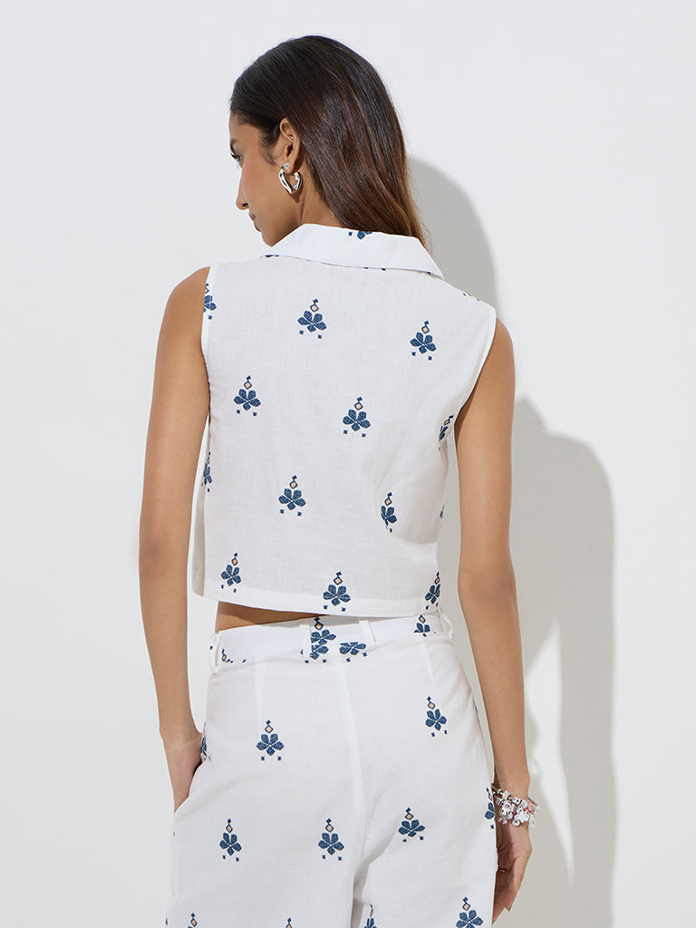 Bombay Paisley Ivory Floral Design Cotton-Blend Crop Shirt