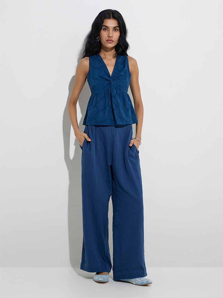 Bombay Paisley Indigo Embroidered Cotton Peplum Top