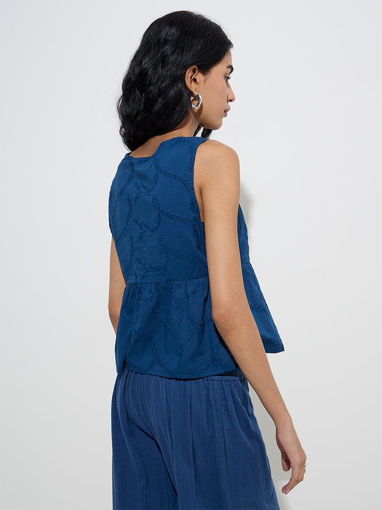 Westside Bombay Paisley Women's Indigo Embroidered Cotton Peplum Top for Everyday Back View