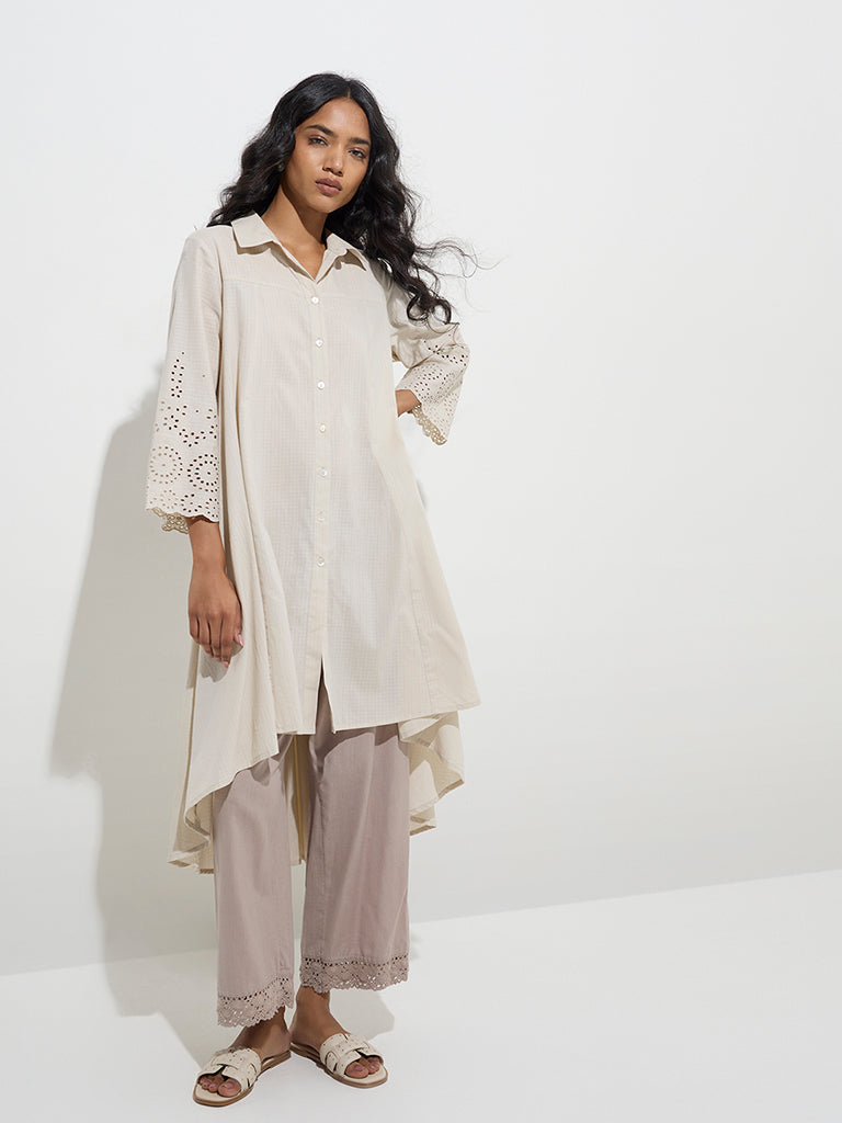 Utsa Beige Schiffli Detailed High-Low Cotton Kurta