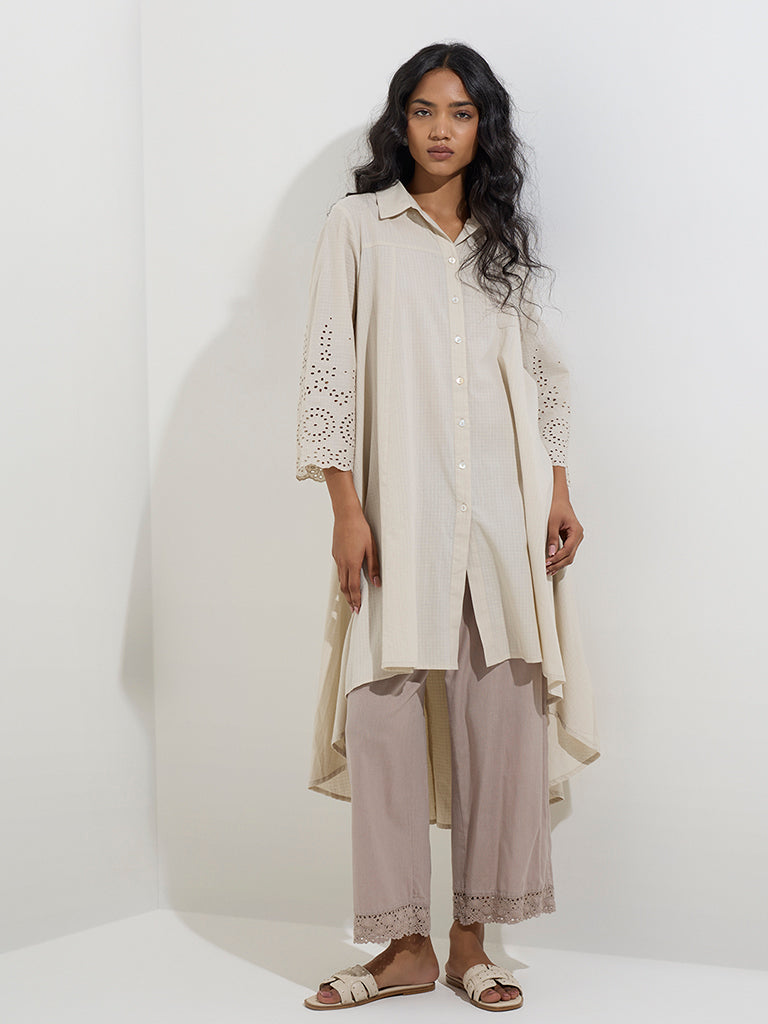 Utsa Beige Schiffli Detailed High-Low Cotton Kurta