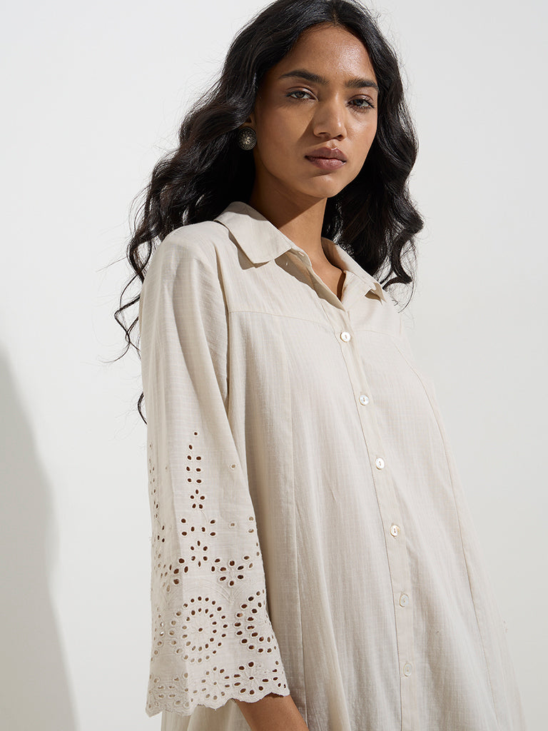 Utsa Beige Schiffli Detailed High-Low Cotton Kurta