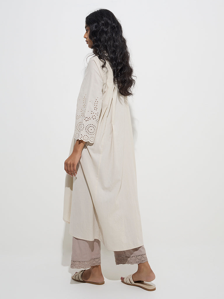 westisde Utsa Women's Beige Schiffli Detailed High-Low Cotton Kurta for Work Wear Back View