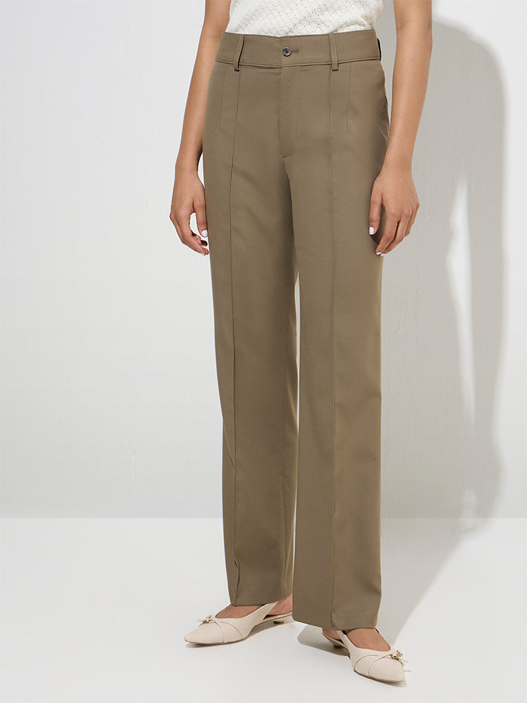 Wardrobe Khaki Solid High-Rise Trousers