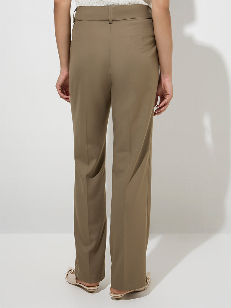 Wardrobe Khaki Solid High-Rise Trousers