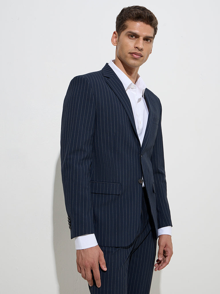 WES Formals Navy Pinstriped Slim-Fit Blazer