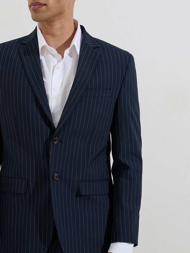 WES Formals Navy Pinstriped Slim-Fit Blazer