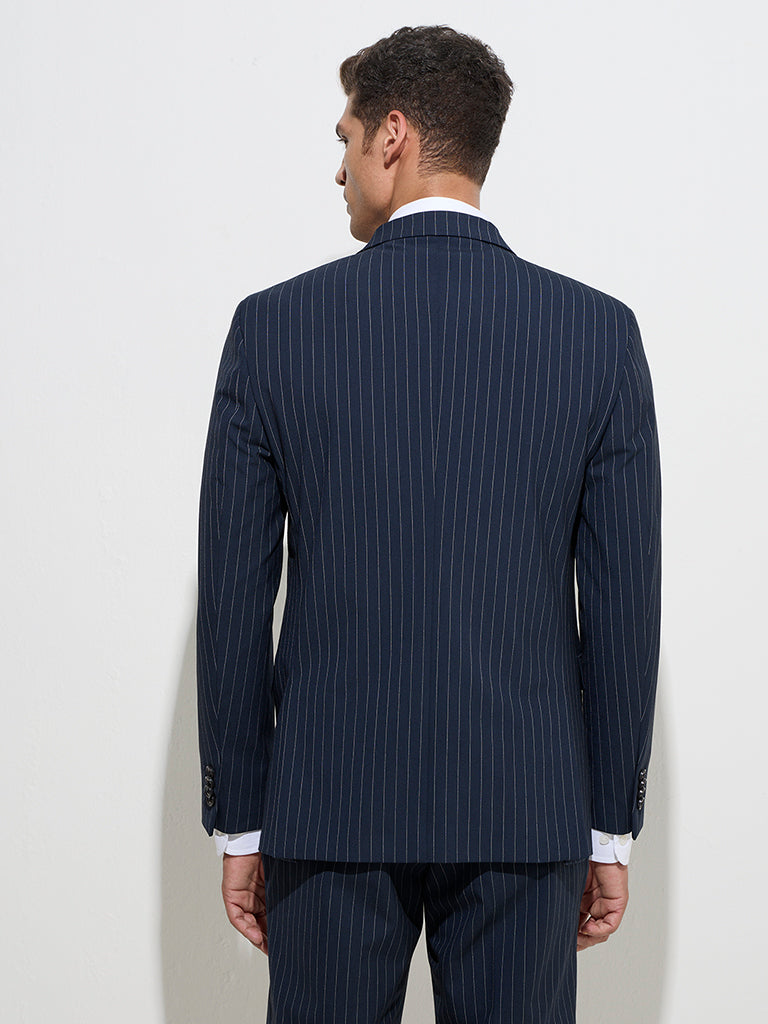 WES Formals Navy Pinstriped Slim-Fit Blazer