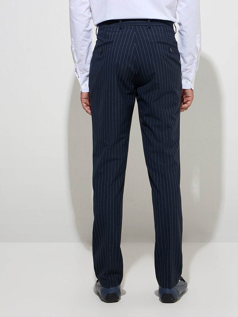 Westside WES Formals Men's Navy Pinstriped Slim-Fit Mid-Rise Trousers for Work Wear Back View