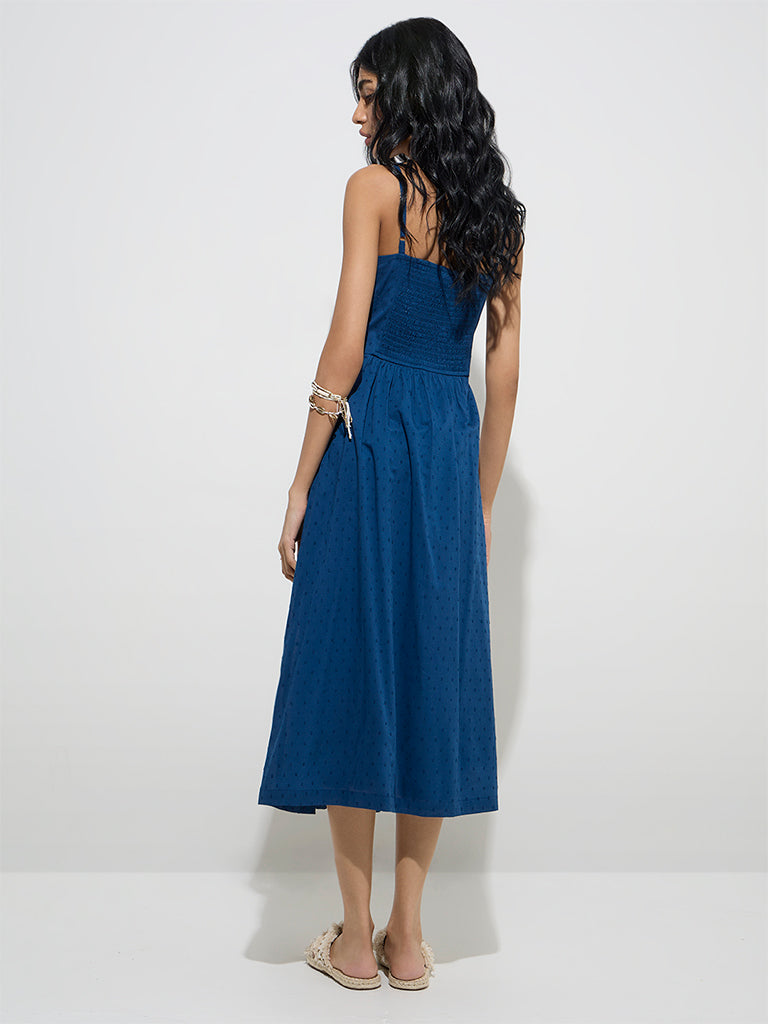 Westside Bombay Paisley Women's Indigo Swiss-Dot Print Cotton A-Line Dress for Everyday Back View