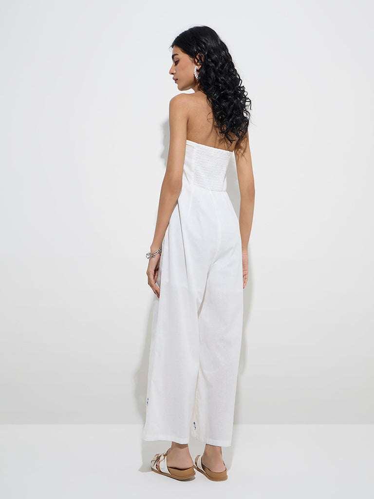 Westside Bombay Paisley Women's White Embroidered Cotton-Blend Jumpsuit for Everyday Back View